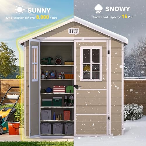 Image of DWVO 6x4.4 FT Outdoor Storage Shed, Plastic Garden Tool Shed with 2 Windows, Double-Wall Outside Shed for Lawn Mower, Garden Tool for Backyard, Patio, Lockable, Beige