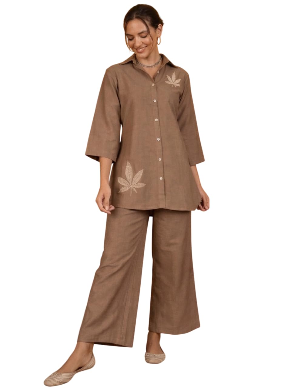 WineRed Women Solid Beige Leaf Embroidery Co-Ord Set-picture-12