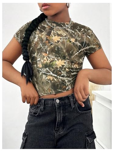 Girl's Camo Crop Tight Shirts Branch Print Short Sleeve Slim Fitted T-Shirt4