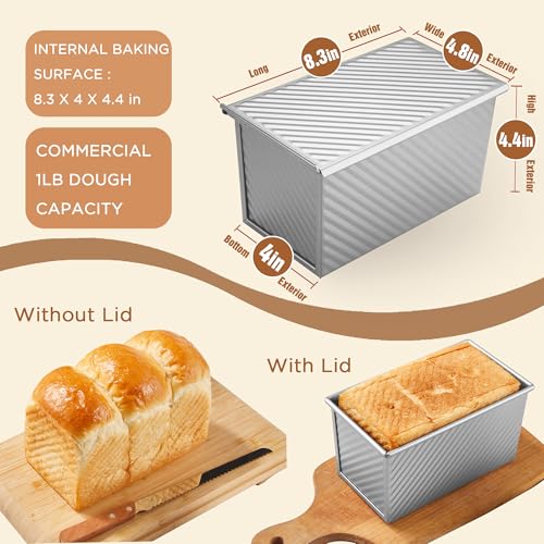 Image of KITESSENSU Pullman Loaf Pan with Lid, 1 lb Dough Capacity Non-Stick Bakeware for Baking Bread, Carbon Steel Corrugated Bread Toast Box Mold with Cover for Baking Bread, Silver