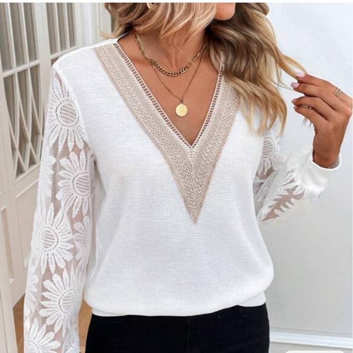 Chvity Long Sleeve Lace Tops for Women Casual Fashion Sheer Mesh V Neck Loose Ladies Blouse Shirts Fit Comfy4