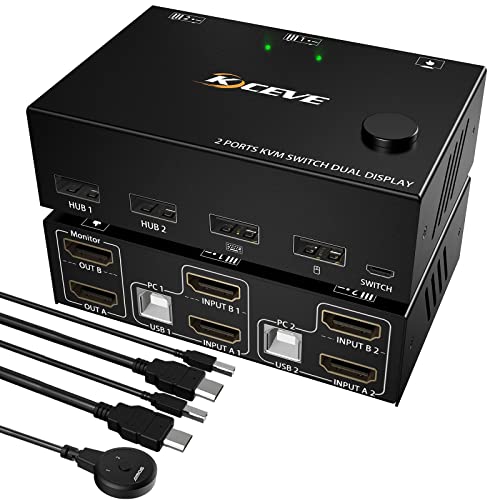 Image of KVM Switch 2 Monitors 2 Computers, 4K@30Hz Dual Monitor HDMI USB 2.0 Switcher 2 in 2 Out PC Keyboard Mouse Switcher Support Extended And Copy Display
