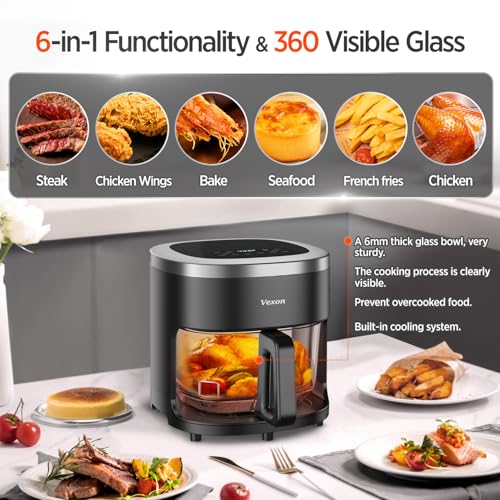 Vexon 6-IN-1 Glass Air Fryer,4.5QT Air Fryer with Viewing Glass Pot, Air Fry, Roast, Reheat, Dehydrate, Air Crisp Technology,Nonstick & Dishwasher Safe Basket,97% Less Oil,Features Digital Timer