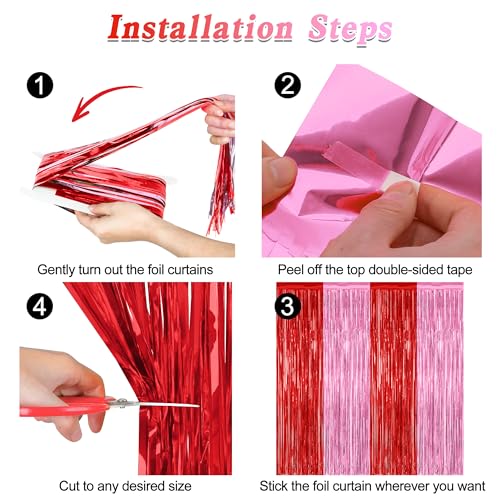 Image of ZATAYE 2 Pack Red Pink Valentines Foil Curtain Streamer Decorations | Red Pink, Metallic Foil, 3.28 x 7.05 FT, Tinsel Backdrop, Foil Curtain Streamer, Valentines Party Decorations