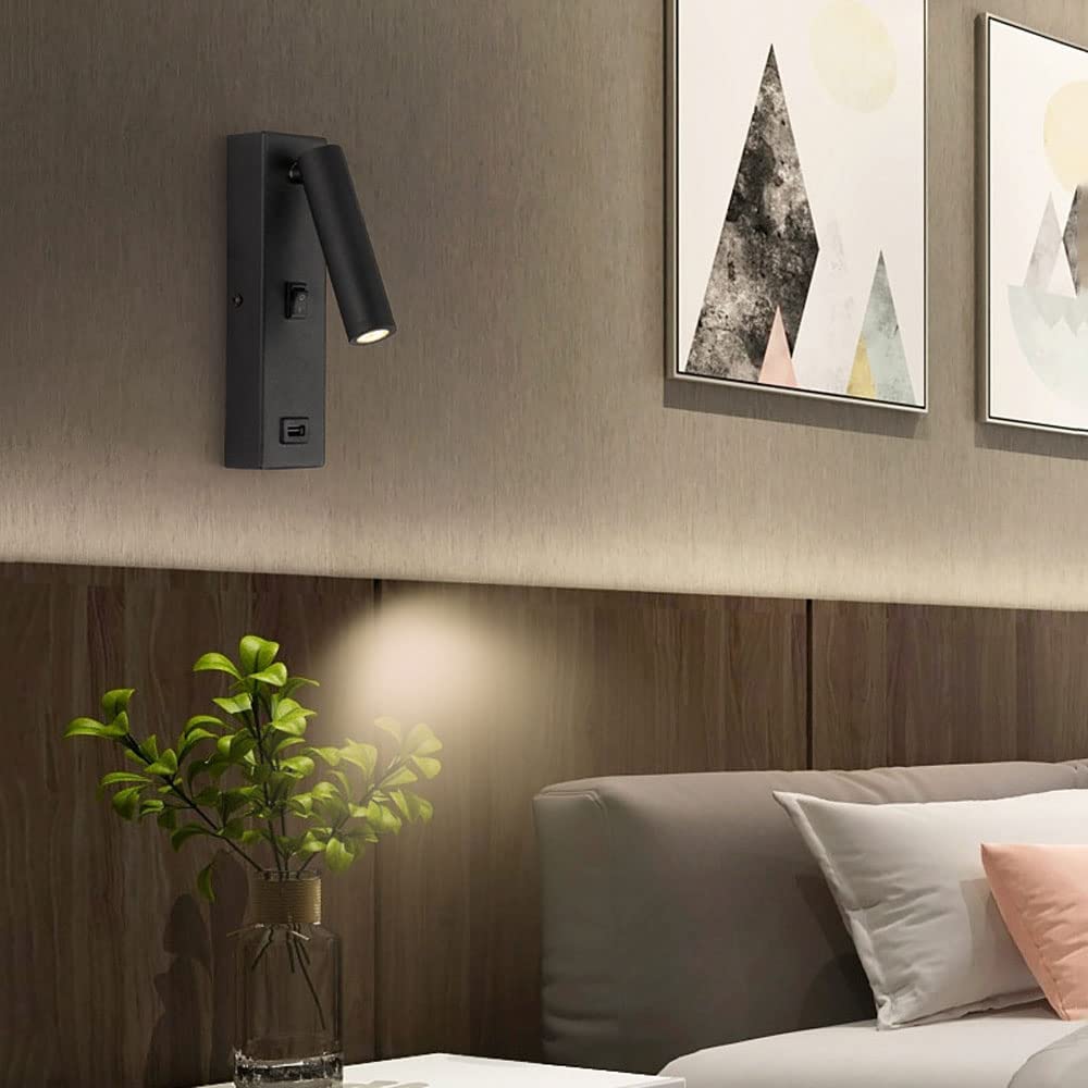 Wandleuchte, Einstellbarer Wand Sconce 2 Packungen Schlafzimmer Nachts Leselampe, Hardwired Wall Sconcet Schalter, Modernes Indoor-Kopfteilbeleuchtung, Usb-Ladeanschluss S/Black-6000K