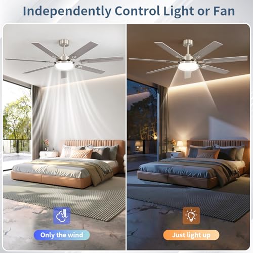 Image of 64 Inch Ceiling Fans with Lights and Remote,Living Room Office Library Cafe Outdoor, 5CCT Dimmable, Dual Color 7 Blades, 6 Speed Reversible Quiet DC Motor, Dual-Layer Shade, Sand-nickel /Wood Grain