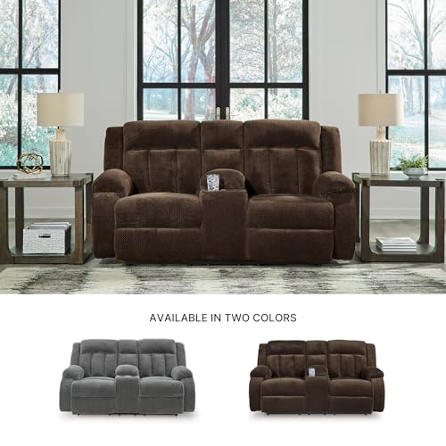 Image of Signature Design by Ashley Power Reclining Loveseat with Console, Free Wake, Wall Hugger Design with Zero-Draw USB Ports, Extra Plush Velvet Upholstery, Chocolate, 75 inch W