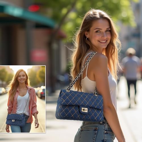 M-ioi-M Quilted Denim Crossbody Bags for Women, Chain Strap Shoulder Bags, Classic Medium Double Flap Purse, Gold Hardware Tote Bags, Trendy Designer Retro Jean Purse, Everyday Work Handbags (Blue)
