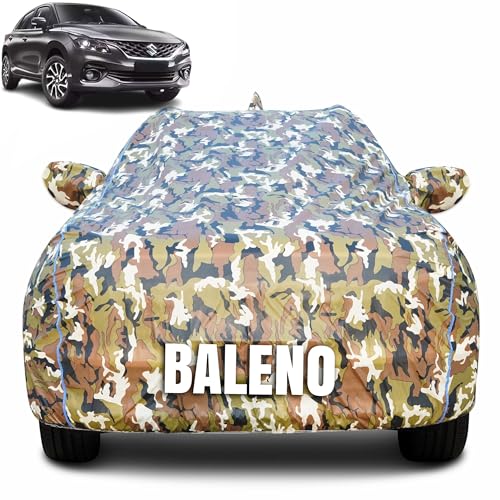Image of 100% Waterproof Car Body Cover for Maruti Suzuki Baleno (2022-2025) Mirror Pocket (Heat & UV Resistant, Triple Stitched, Soft Lining, Bottom Elastic & Piping) Camouflage, Military Print
