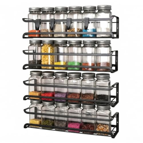 Dcceeo Especiero Pared 4 Piezas Especieros para Cocina con 4 Ganchos Móviles Organizador Especias Cocina Sin Taladrar Estante de Especias de Pared de Metal para Cocina Armarios y Baño