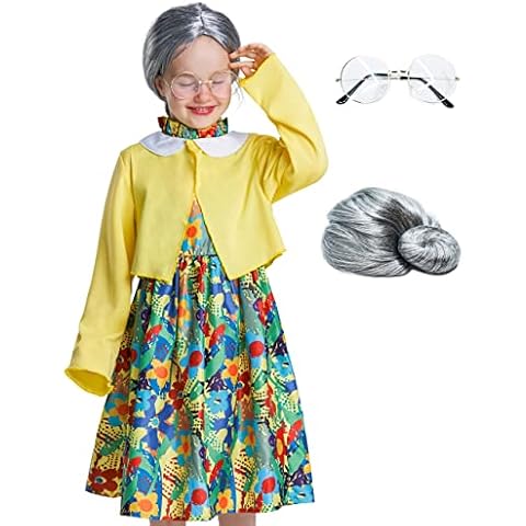 IKALI Mädchen Oma Kostüm Kinder Alte Dame Outfit für den 100. Schultag mit Cape Perücke Gläser 4 Stück 7-8 Jahre Cover