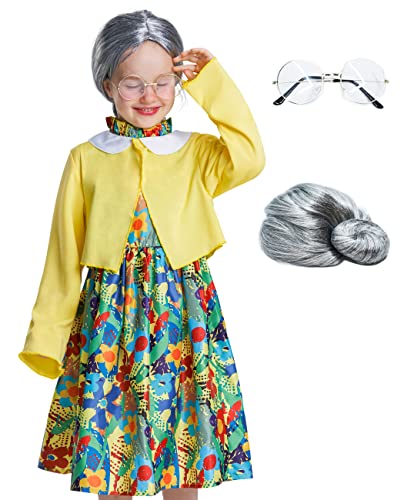 Déguisement Vieille Femme 9 Pièces – Grand-Mère Halloween Avec Perruque, Lunettes, Perles & Béquilles Gonflables