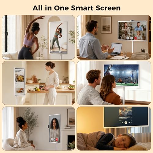 Image of 32 Inch Smart Portable TV, FHD Touch Screen Rolling Monitor on Wheels, Android 15 8GB +128GB, Wireless Tablet Display with Camera, 20W Speaker, EDLA-Certified 38,400 mAh Battery Voice Airmouse Remote