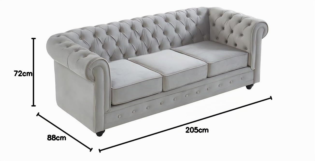 Vente-unique - Canapé 3 Places et 2 fauteuils Chesterfield - Velours Gris Clair