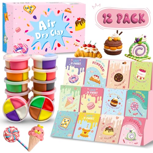 Air Dry Clay Kit with Greeting Cards 12 Box Dessert Cake Modeling Clay DIY Art and Craft Supplies for Kids Classroom Gift Exchange Party Favors