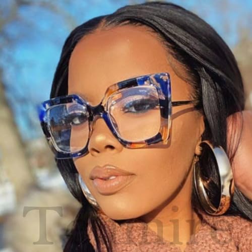 Image of Oversized Square Blue Light Blocking Glasses for Women Thick Fashion Pearl Inlay Arm Eyewear Computer Eyeglasses