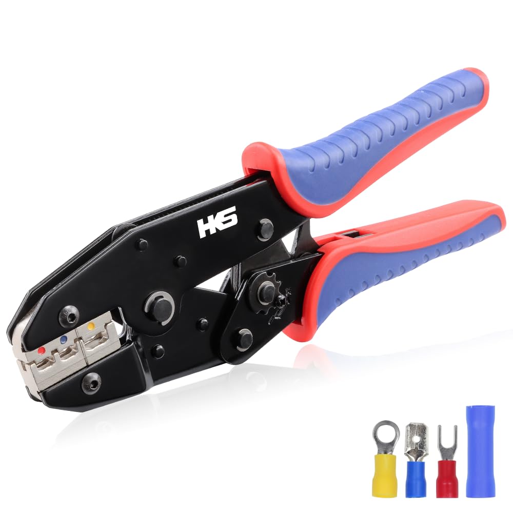 HKS Crimping Tool For Insulated Electrical Connectors - Ratcheting Wire Crimpers - AWG 22-10 (0.5-6.0mm²) - Ratchet Terminal Crimper - Electrical Crimping Tool