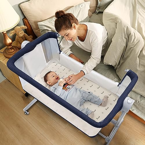 Image of Li’l Pengyu Baby Bassinet Bedside Sleeper - Adjustable Crib All Mesh for Newborn Girl and Boy Infant Bed with Wheels (Navy Blue)