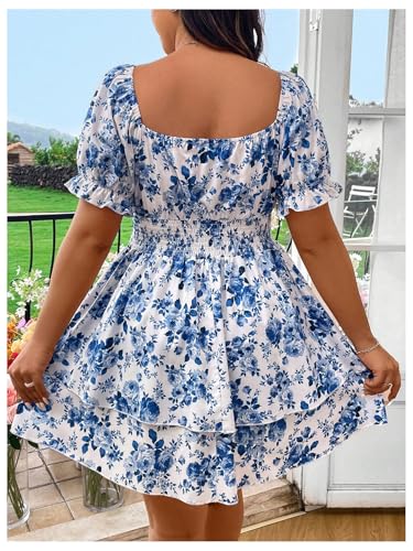 WDIRARA Women's Plus Size Floral Print Square Neck Puff Short Sleeve Dress Layered Ruffle Hem A Line Dresses2