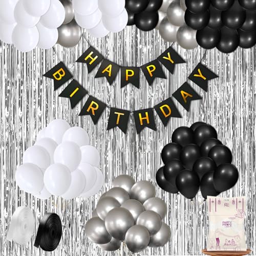 Image of Party Propz Black And White Birthday Decoration Kit - 40 Pcs Aesthetic Birthday Decor With Happy Birthday Banner, Silver Foil Curtain, Ribbons, Black, White & Silver Balloons For Bday Decoration