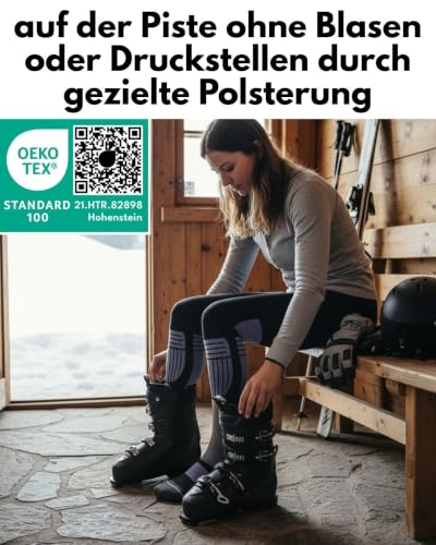 sockenkauf24 Damen Merino Skisocken 35-38 (2 Paar) Thermo Winter Kniestrümpfe mit Polsterung für Ski und Snowboard (Schwarz/Lila)