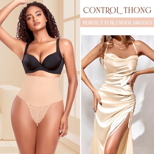 Image of Werena Thong Shapewear for Women Tummy Control Seamless High Waist Body Shaper Underwear Shaping Panties(#344 Lace Beige, Small)