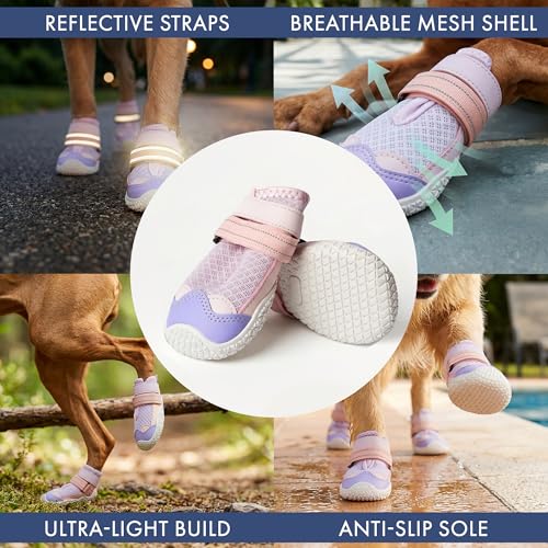Image of Spark Paws Dog Shoes for Large Small Medium Dogs Breathable Dog Booties for Hiking, Summer Hot Pavement Paw Protectors for Non Slip Rubber Dog Boots for Outdoor (Pink Purple, Size 1)