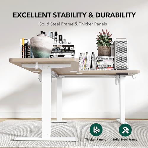 Image of FEZIBO 63 inch L Shaped Standing Desk Height Adjustable, Sit Stand Home Office Desk with Splice Board, Electric Stand up Corner Desk, White Frame /Light Walnut Top