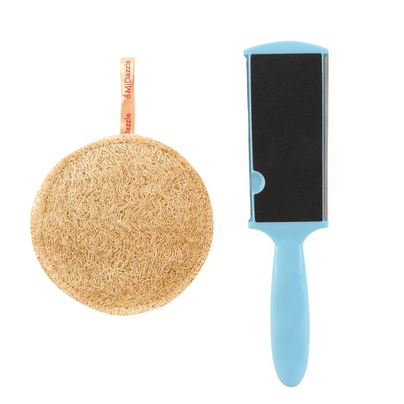 Image of Midazzle Natural Body Scrubber Sun Dried Bath Loofah | Body Sponge for Men & Women | Organic Loofah for Bathing (Round) With Tilt Handle Foot Scrubber - Set of 2