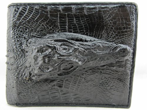 Genuine Crocodile Alligator with Head Skin Leather Bifold Wallet ([B1] - 6 Cards Slot + 2 ID Windows + 2 Compartment for Bills, Black)2