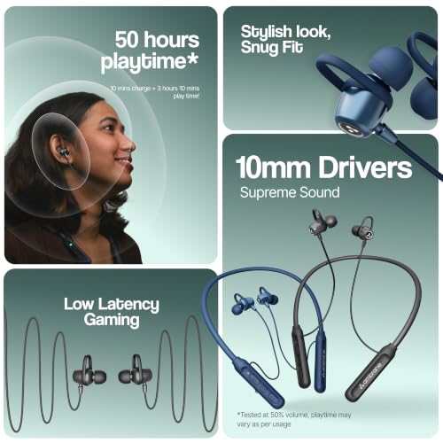 Image of Ambrane Wireless Bluetooth Earphones with Mic, 50Hrs Playback, Hall Switch, 10mm Drivers, Fast Charging, Dual Pairing, Boostedbass Audio Neckband, BT V5.4, Fast Pairing, Gaming Mode (Hitz 30, Grey)