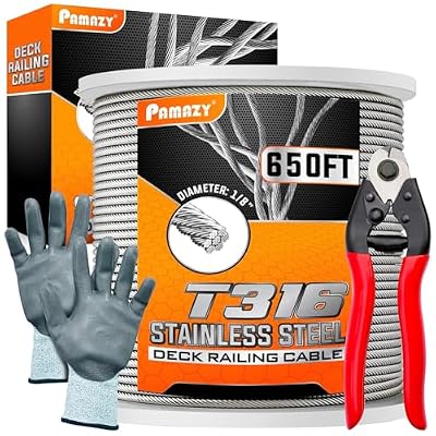 650FT 1/8” T316 Premium Stainless Steel Deck Cable Railing Kit with Cutter & Gloves, 7x7 Strands Construction, Cable Railing Hardware System, Stair Railing, Wire Rope Aircraft Cable for Hanging