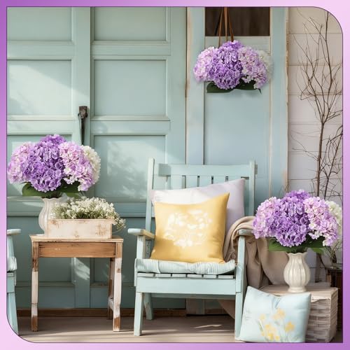 Image of Suncalla Purple 6 Bundles Hydrangea Artificial Flowers Bulk 30 Heads 20'' Faux Fake Hydrangea for Spring Graves Easter Decor Porch Indoor Outdoor Home Garden Wedding Table Centerpieces