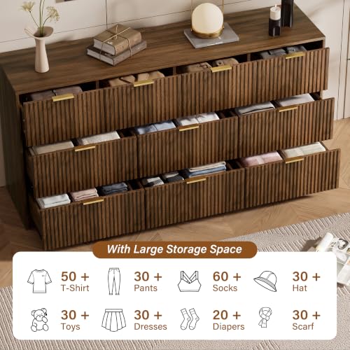 Image of Furniway Walnut 10 Drawer Dresser for Bedroom, 63 inch Wide Fluted Wood Dresser