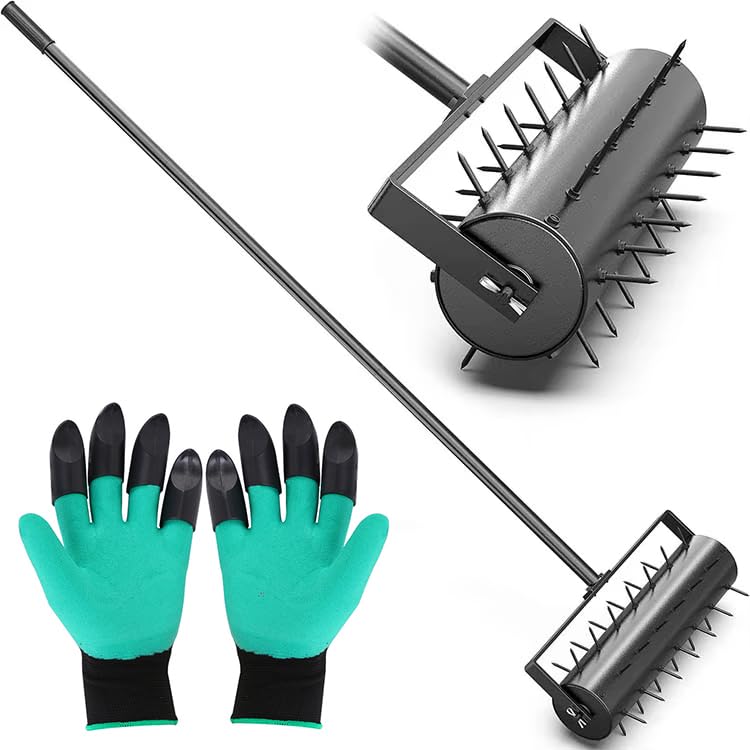 Aireador de césped resistente, herramienta manual de remolque de 17 pulgadas, aireación del suelo con garra, guantes de jardinería, mango de diseño de rodamiento para el cuidado del césped