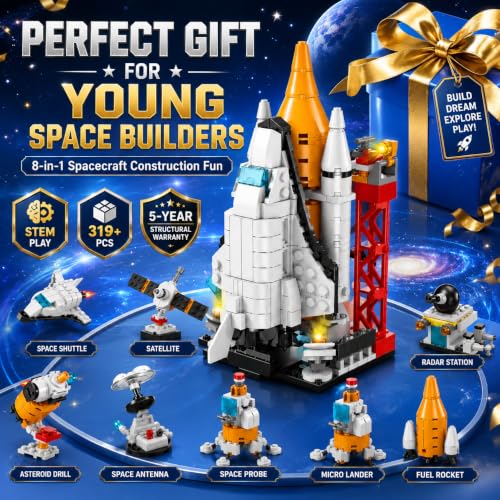 Image of SKY LINE OCEAN 8-in-1 Spaceship Building Block Set, 319+ PCS Spacecraft Construction Kit, STEM Educational Toy for Kids, Creative Rebuild Play Set, 5-Year Structural Warranty