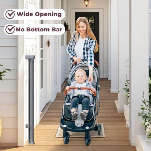 Image of 42 inch Extra Tall Retractable Baby Gates, 76 inch Wide Dog Gate for Stairs | Mesh Gate Indoor Outdoor for Doorways Deck Kitchen, Long Safety Gate for Child Toddler, Prevent Pet from Jumping Over, Grey