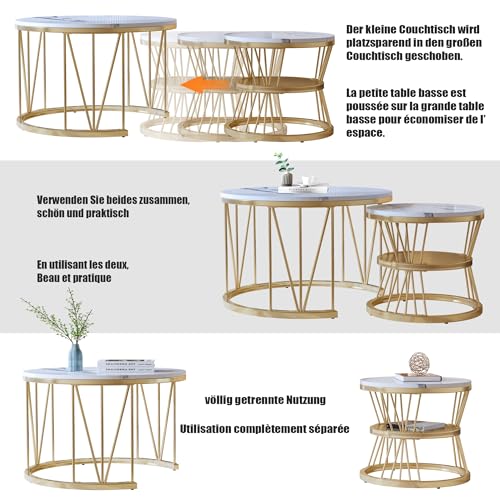 Mutuolux 2 Stück Couchtische, rund, modern, mit Marmor, glänzend, für Wohnzimmer, Empfangsraum, Balkon und Büro, Struktur aus Metall, einzigartige Form, Gold und Weiß – Bild 7