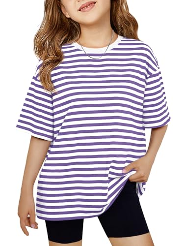 Image of Haloumoning Girls Striped Short Sleeve T Shirts Kids Summer Oversized Tops Casual Crewneck Tees 5-14 Years