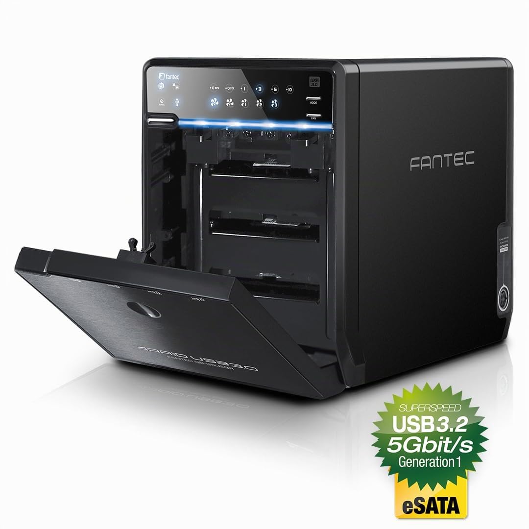 FANTEC QB-35US3R Boîtier pour quatre disques durs externes en RAID (montage de 4 disques durs SATA de 3,5" (8,89 cm), port USB 3.0 et eSATA, fonction RAID, ventilateur de 80 mm asservi à la température), noir