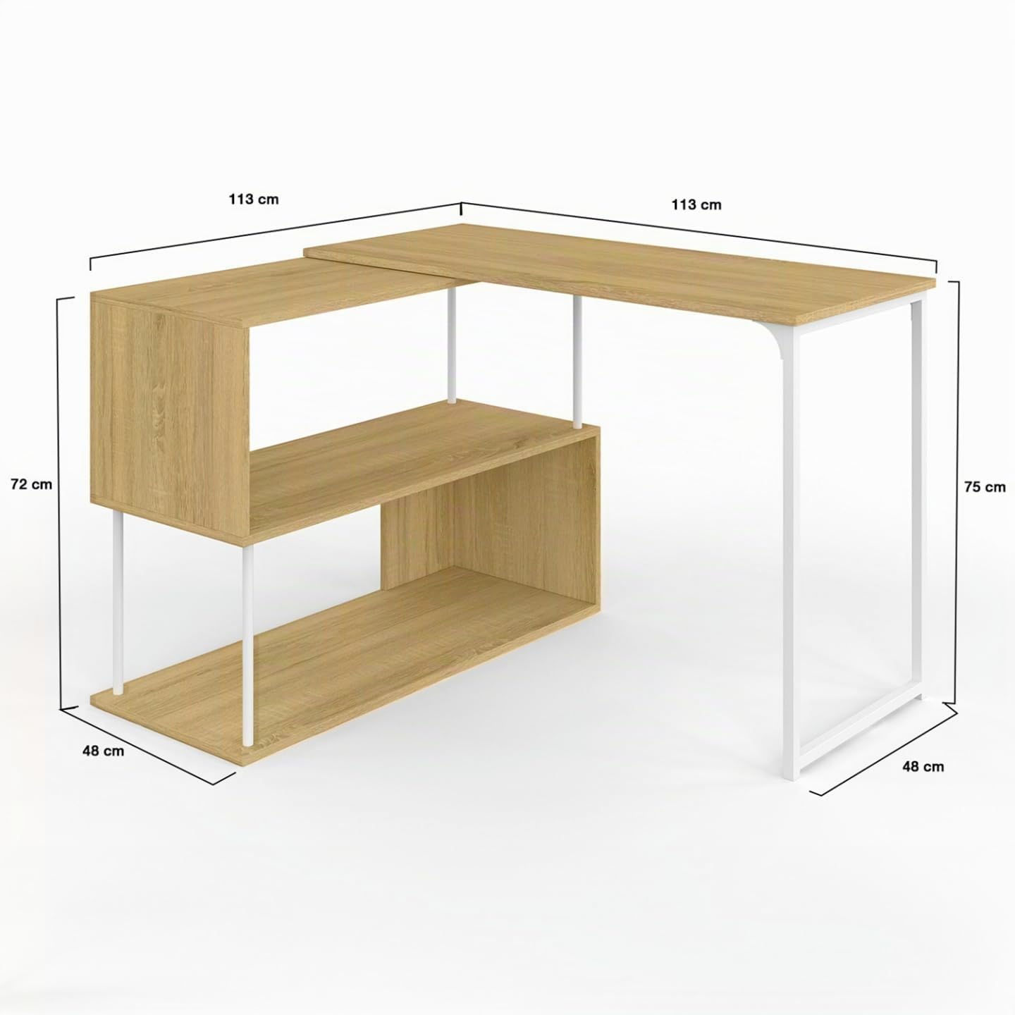 IDMarket - Escritorio esquinero giratorio 180° DETROIT Estantería en forma de S diseño industrial madera y metal blanco