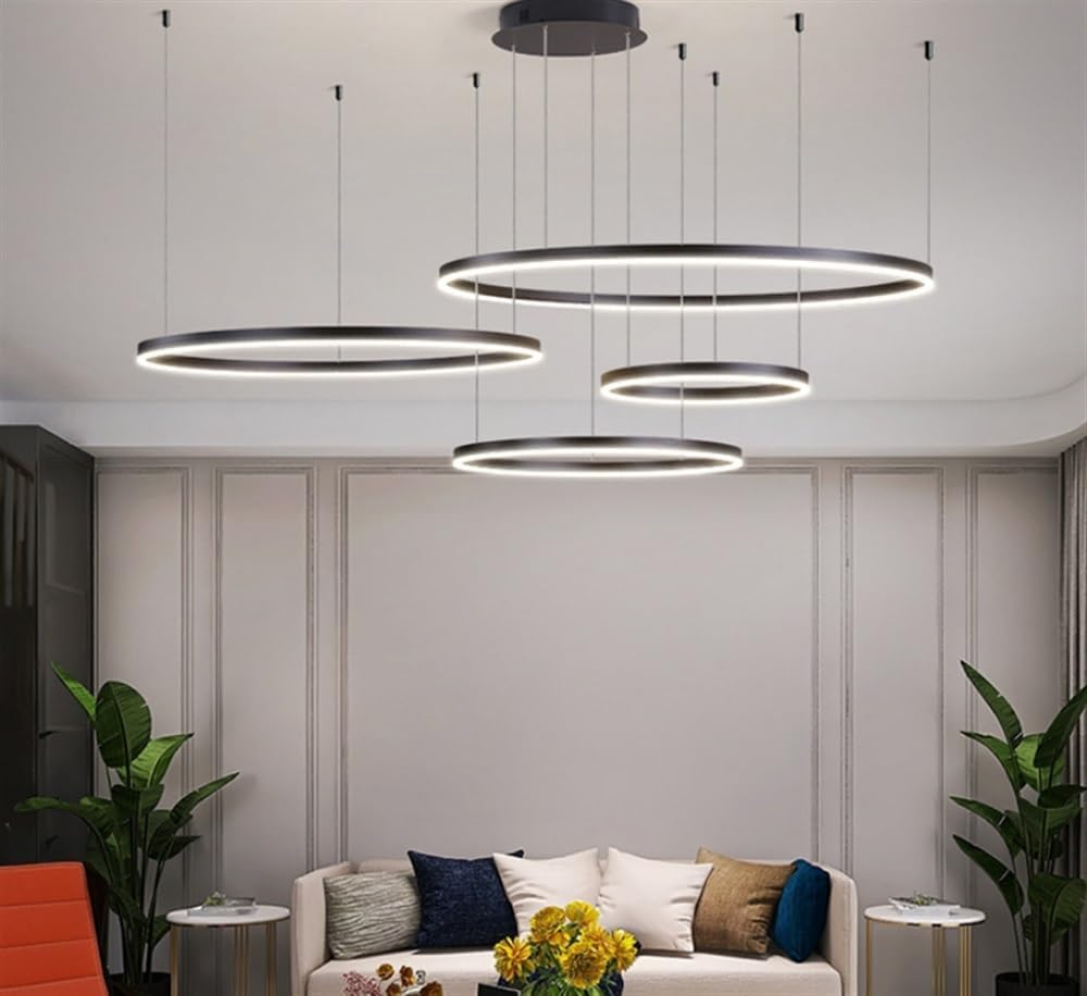 FZQSXAZU Modern LED Ring Pendant hts, Dimmable Living Room Aluminum Chandelier with Remote Control, Dining Ceiling hts Metal Acrylic Hanging Lamp,Black,40+60+80+100CM