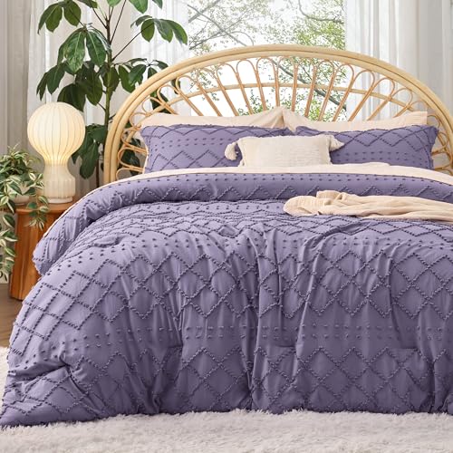 Image of Bedsure Full Comforter Set - Grayish Purple Comforter, Boho Tufted Distressed Vintage Bedding for Kids, 3 Pieces Farmhouse-Style Bed Set for All Seasons, Fluffy Soft Bedding with 2 Pillow Shams