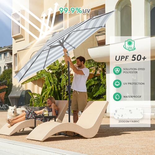 Image of JEAREY 9FT Outdoor Patio Umbrella with Solar Lights, LED Lighted Pool Umbrella with Tilt and Crank, Outdoor Table Umbrellas for Deck, Yard & Market (Black & White Stripe)
