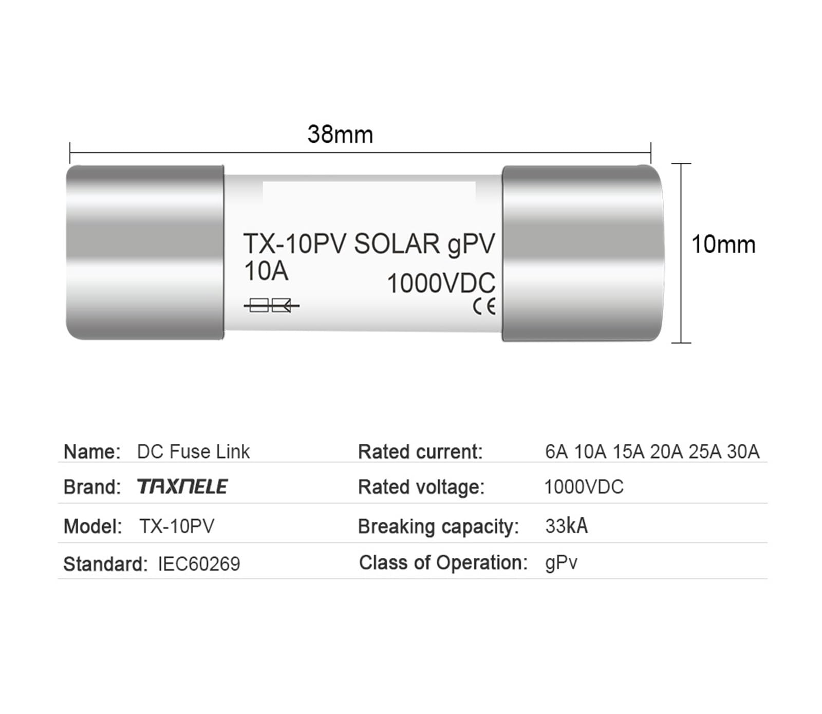 Fusible cerámico de acción rápida, Fusibles solares de CC 1000 V for sistemas fotovoltaicos PV 6 A, 10 A, 15 A, 20 A, 25 A y 30 A, x 38 mm, for protección contra cortocircuitos en (gpV(6A))(15A)