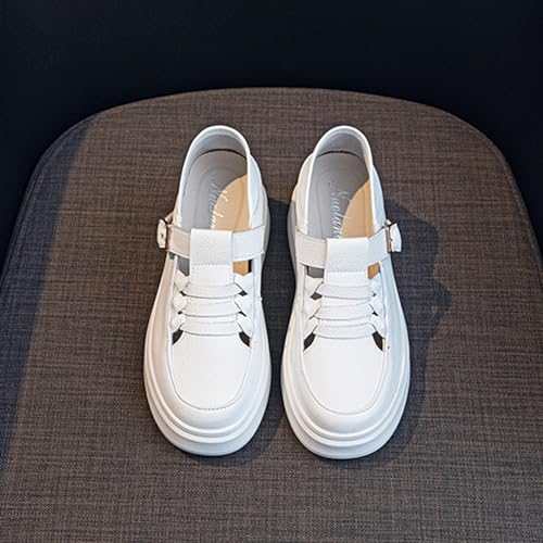 Women's Soft Leather Platform Height Increasing Sneakers,Fashion Hollow Woven Hook & Loop Breathable Round Toe Casual Walking Shoes Outdoor Comfortable Slip on Sandals3