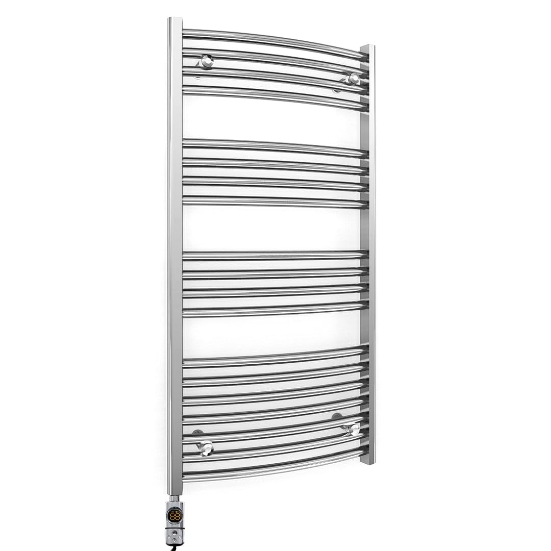 600mm Wide Curved Chrome Electric Bathroom Towel Rail Radiator Heater With AF Thermostatic Electric Element UK Pre-Filled (600 x 1000 mm)