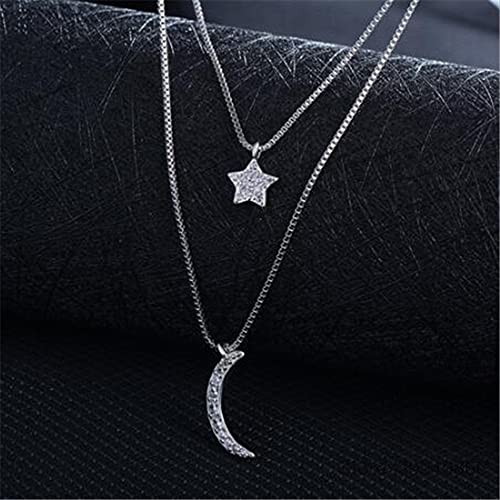 Collier double couche en zircone pour femmes avec pendentif étoile lune