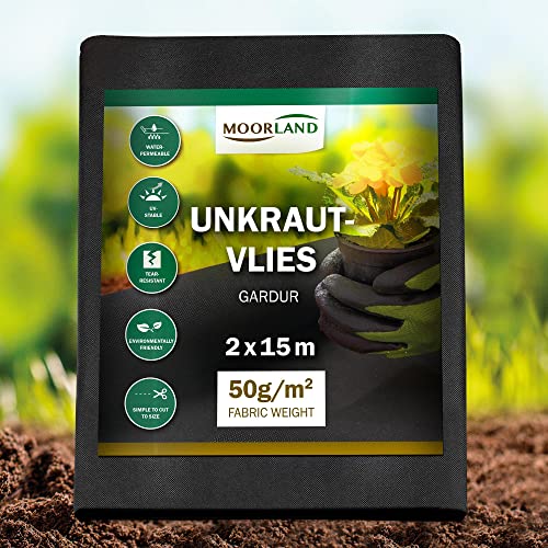 Moorland Unkrautvlies 30m² Gartenvlies 2m breit Wasserdurchlässig Gardur - Unkrautflies reißfest Gartenfließ 100% recycelbar Anti Unkrautgewebe UV-Beständig Unkrautfolie Schwarz für Garten & Beet