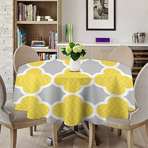 Curdesi Tablecloth Yellow & Gray Quatrefoil Geometric Table Cover 70Inch Round Washable Table Cloth For Kitchen Dinning Party Tabletop Modern Decoration #TOP2